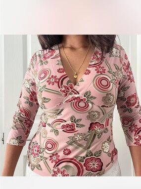 Women's Pink Floral Wrap-Style Long Sleeve Top